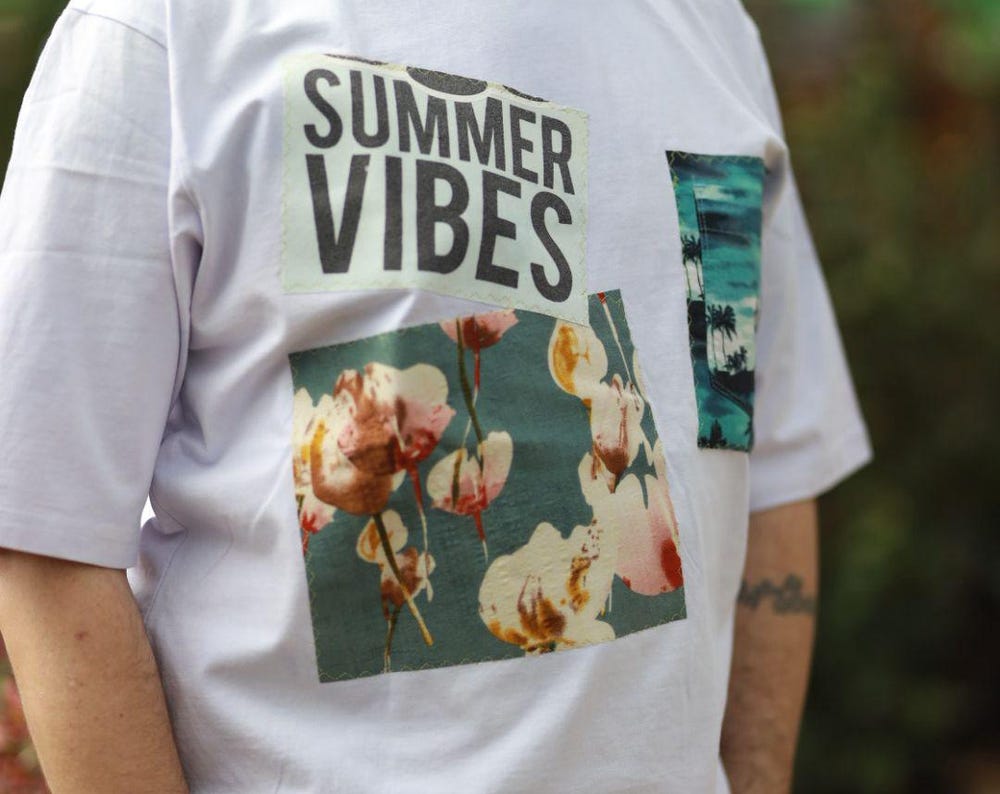 Oversized Lavender Cotton T-Shirt, Upcycled Patchwork Collage, Sustainable Unisex Wearable Art