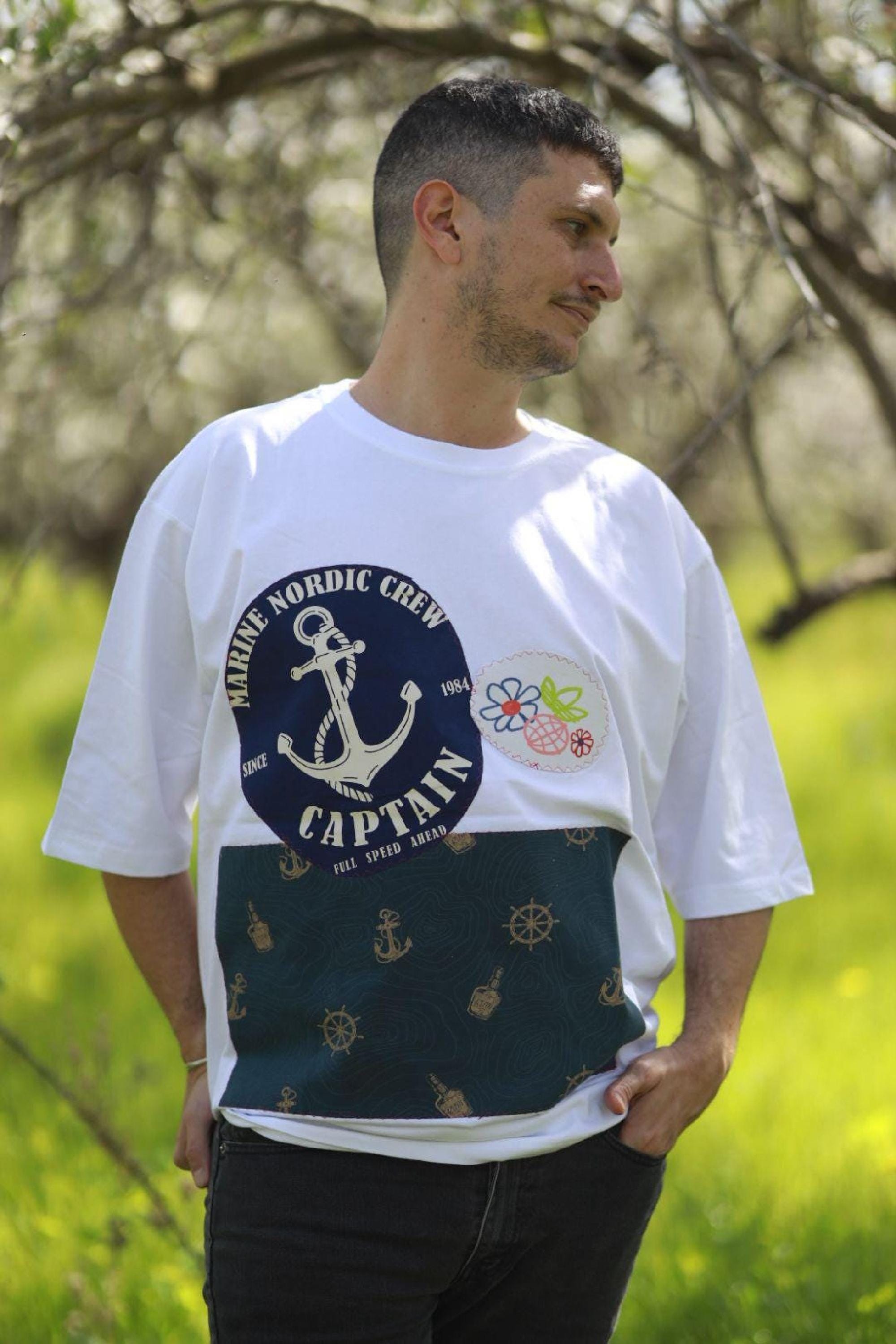 Vintage White Shirt with Upcycled Patchwork, Loose Fit Tee Unisex Eco Friendly Style