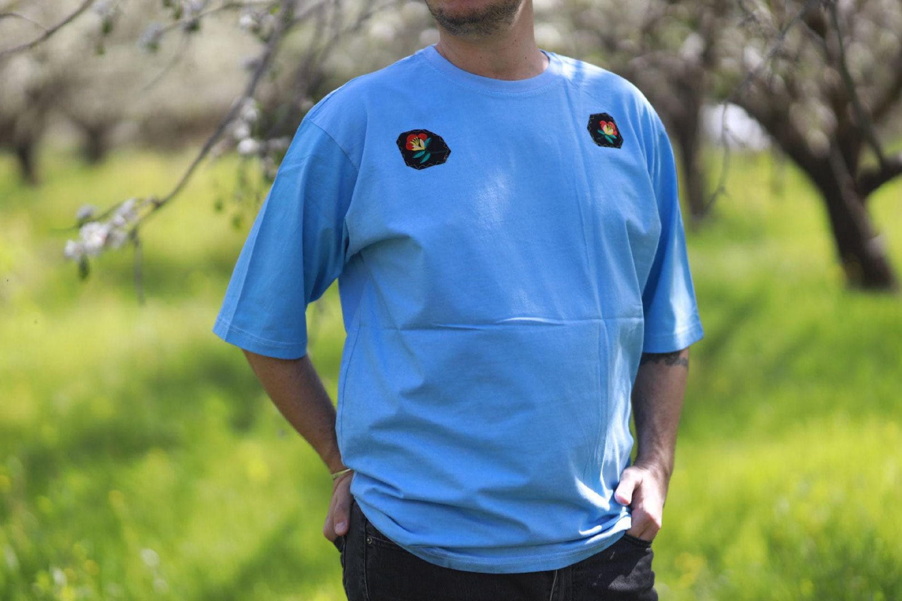 Slow fashion top Oversize Unisex Pastel Blue T-Shirt With Upcycled Vintage Patches