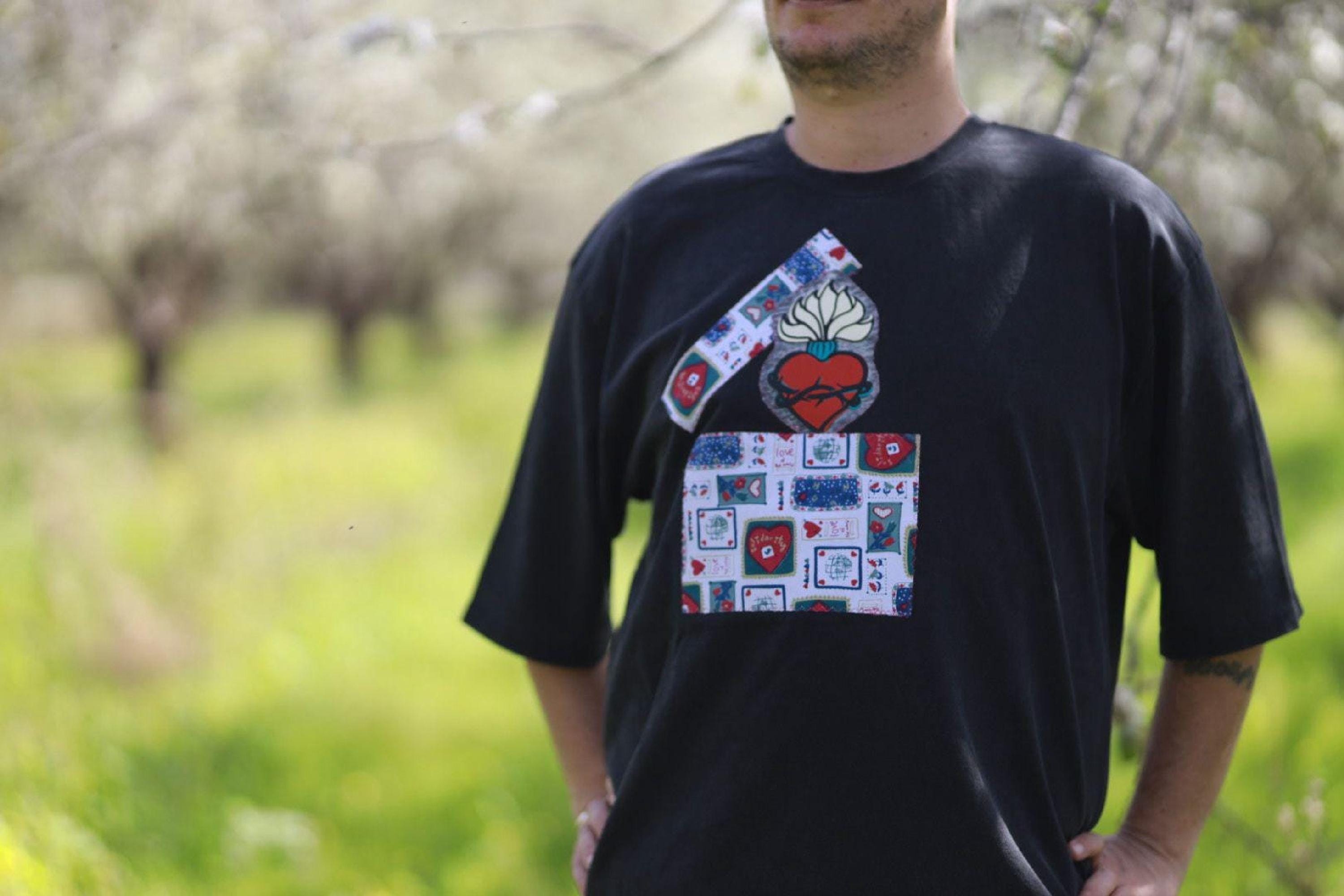 Upcycled Black graphic tee, Stone-Wash T-Shirt, Vintage Patch Collage, Oversized Unisex Artwear