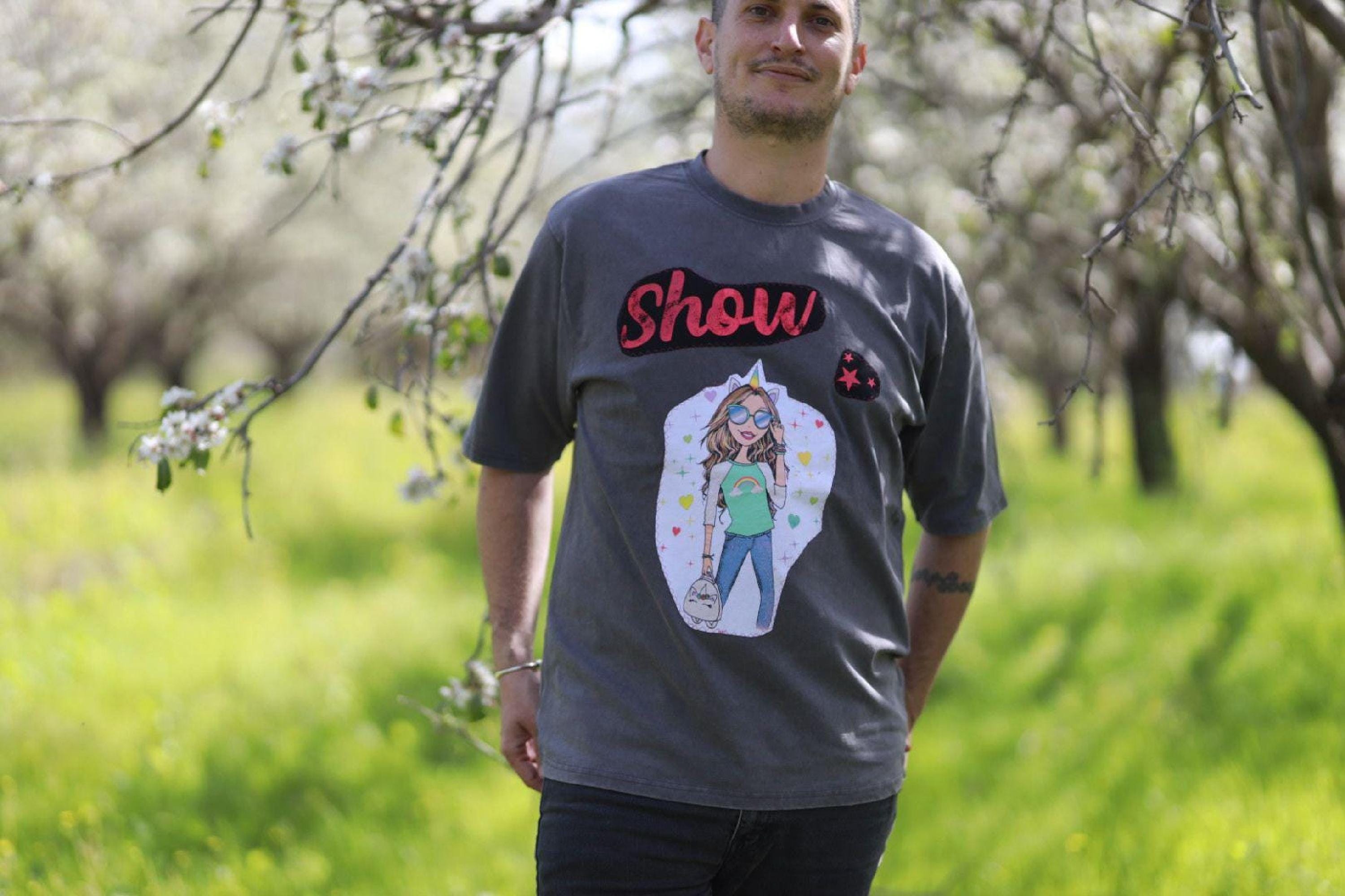 Oversized Art Shirt, Dark Stone-Washed Cotton, Recycled Vintage Patches, Unisex Wearable Art