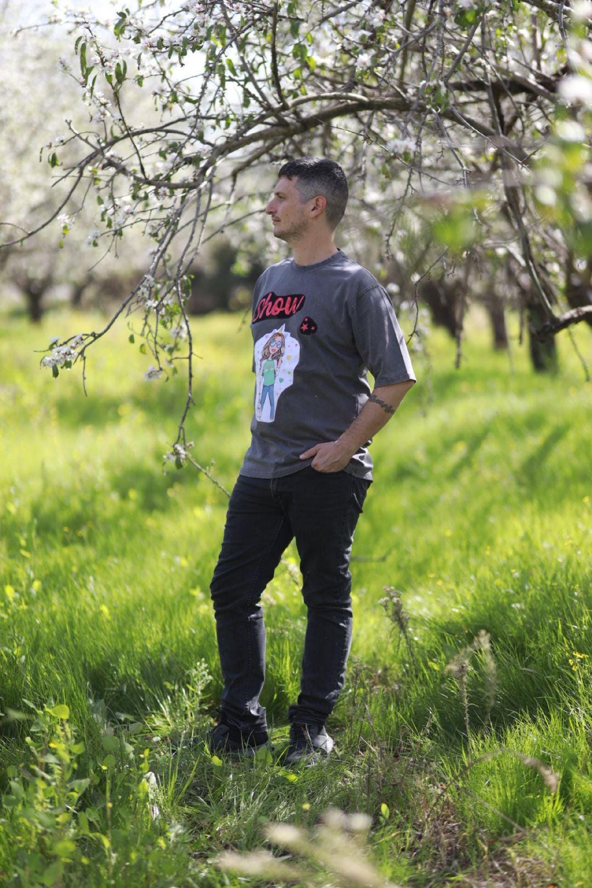 Oversized Art Shirt, Dark Stone-Washed Cotton, Recycled Vintage Patches, Unisex Wearable Art