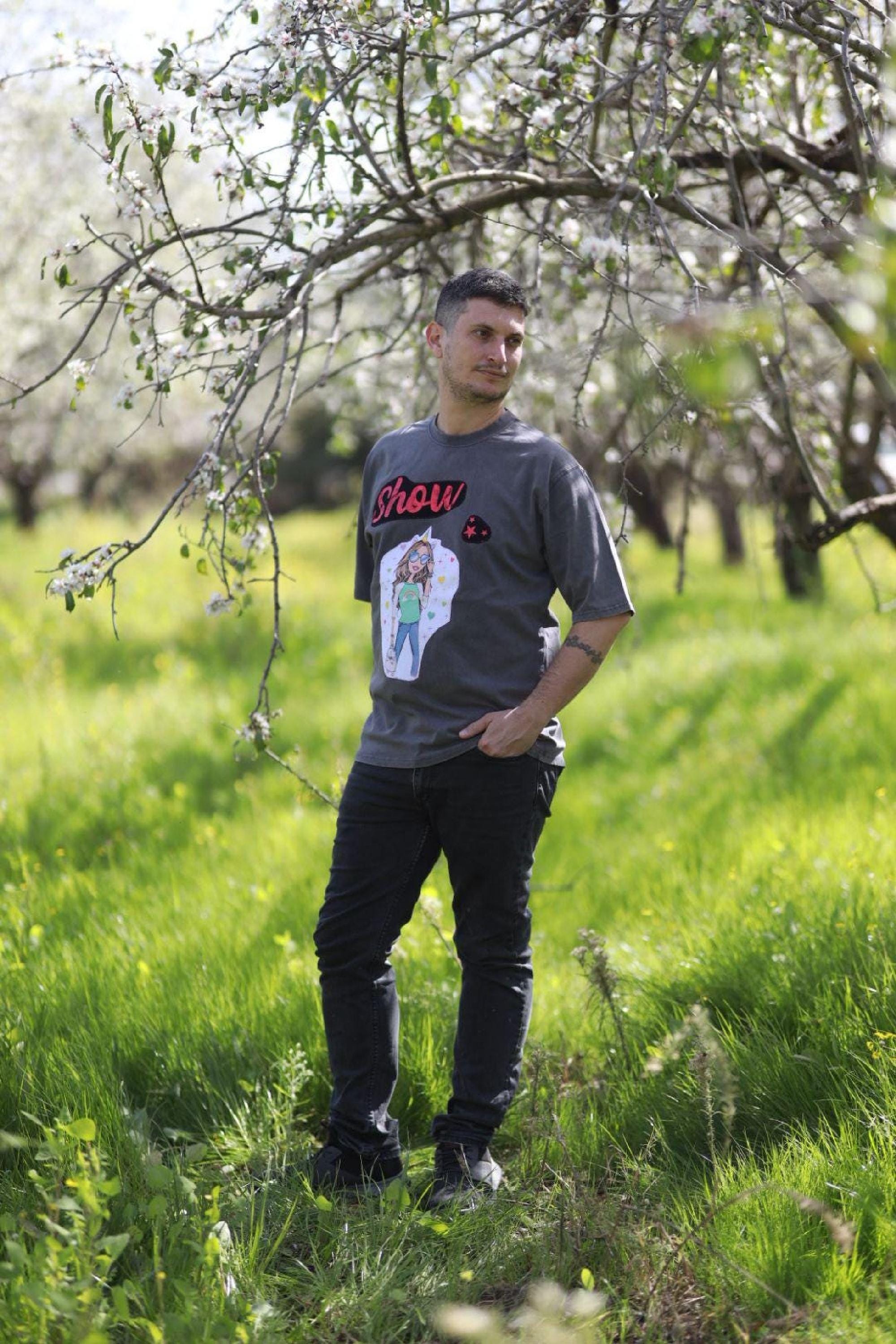 Oversized Art Shirt, Dark Stone-Washed Cotton, Recycled Vintage Patches, Unisex Wearable Art