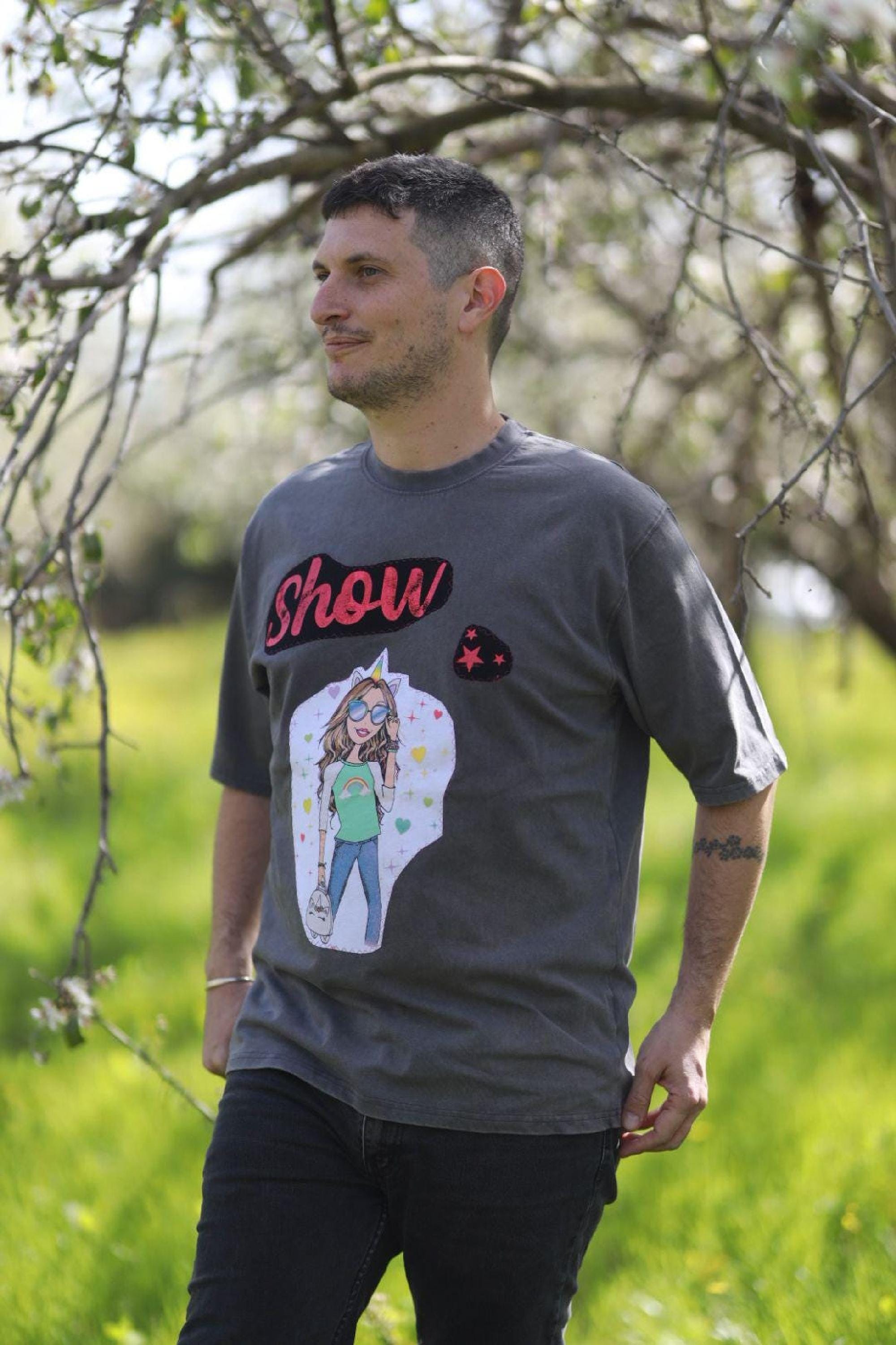 Oversized Art Shirt, Dark Stone-Washed Cotton, Recycled Vintage Patches, Unisex Wearable Art