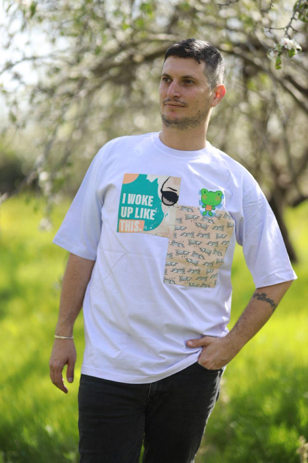 One of a kind tee, Oversized Unisex Shirt, Hand-Dyed Lilac, Upcycled Patch Details, Wearable Art