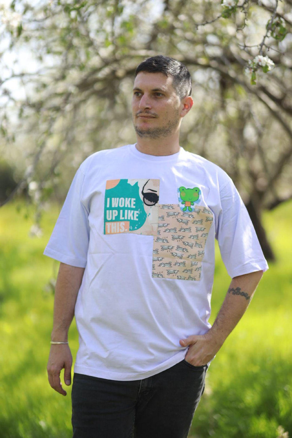 One of a kind tee, Oversized Unisex Shirt, Hand-Dyed Lilac, Upcycled Patch Details, Wearable Art