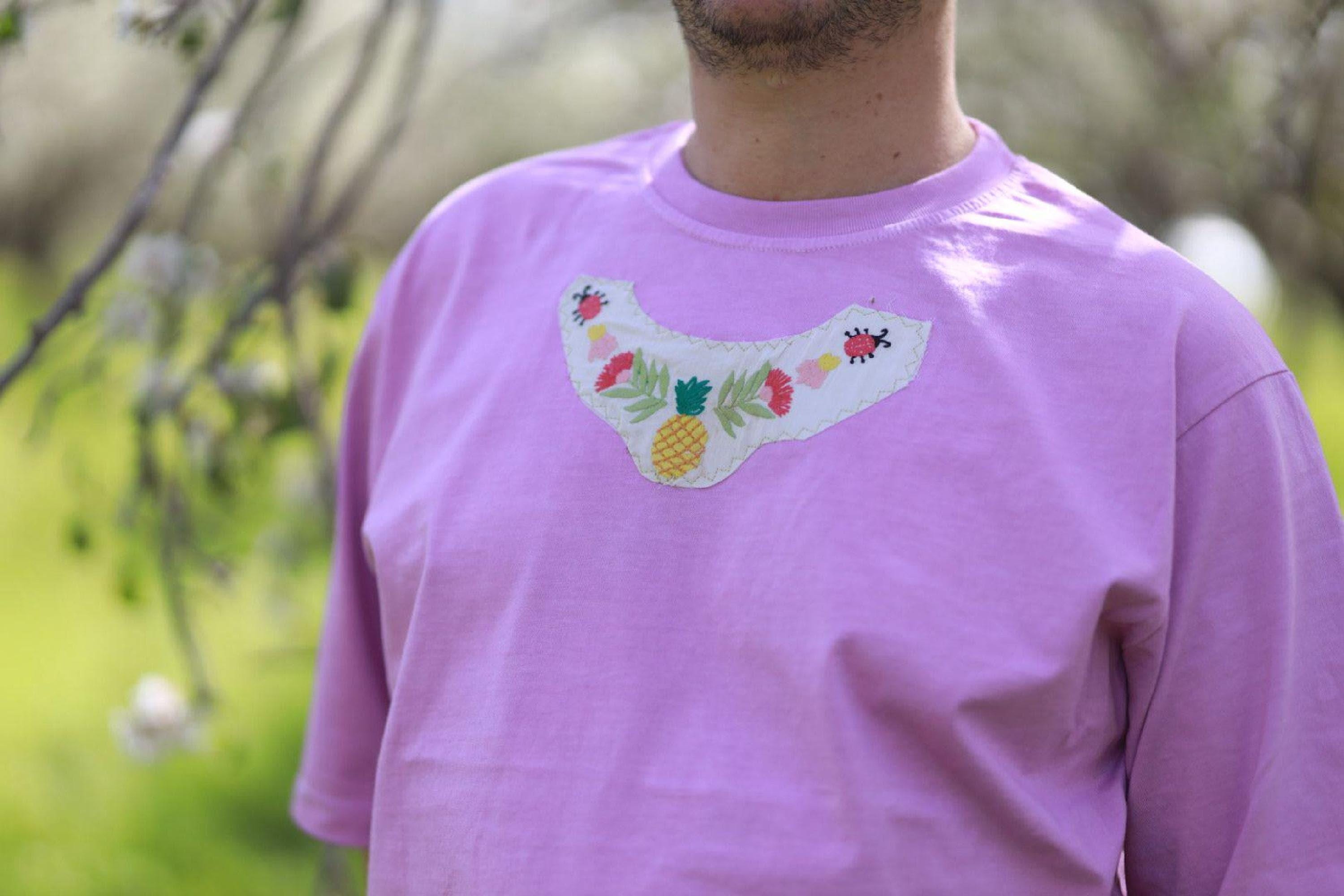 Upcycled Fashion Patchwork Cotton Tee, Oversized Unisex Coral Pink Shirt
