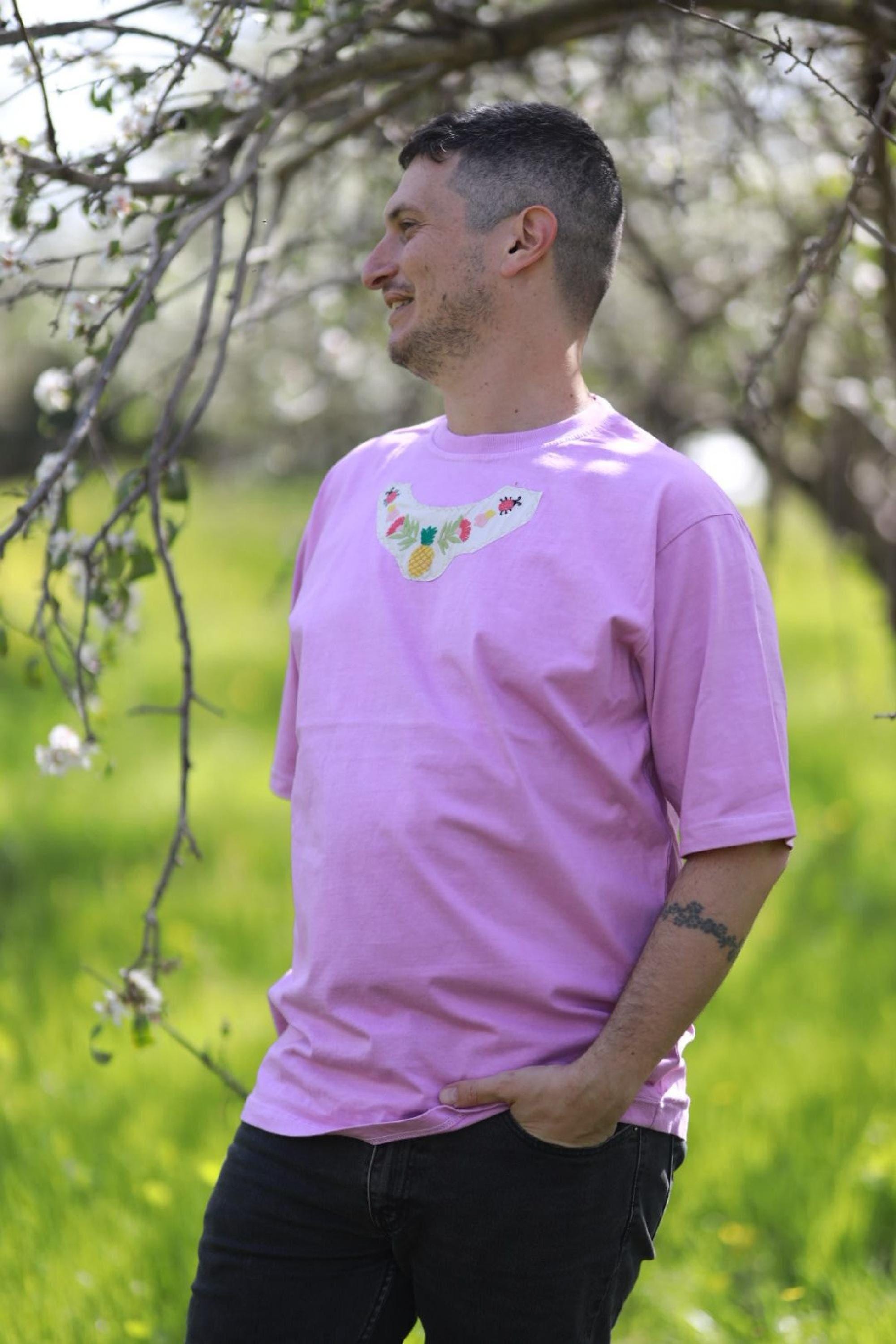 Upcycled Fashion Patchwork Cotton Tee, Oversized Unisex Coral Pink Shirt
