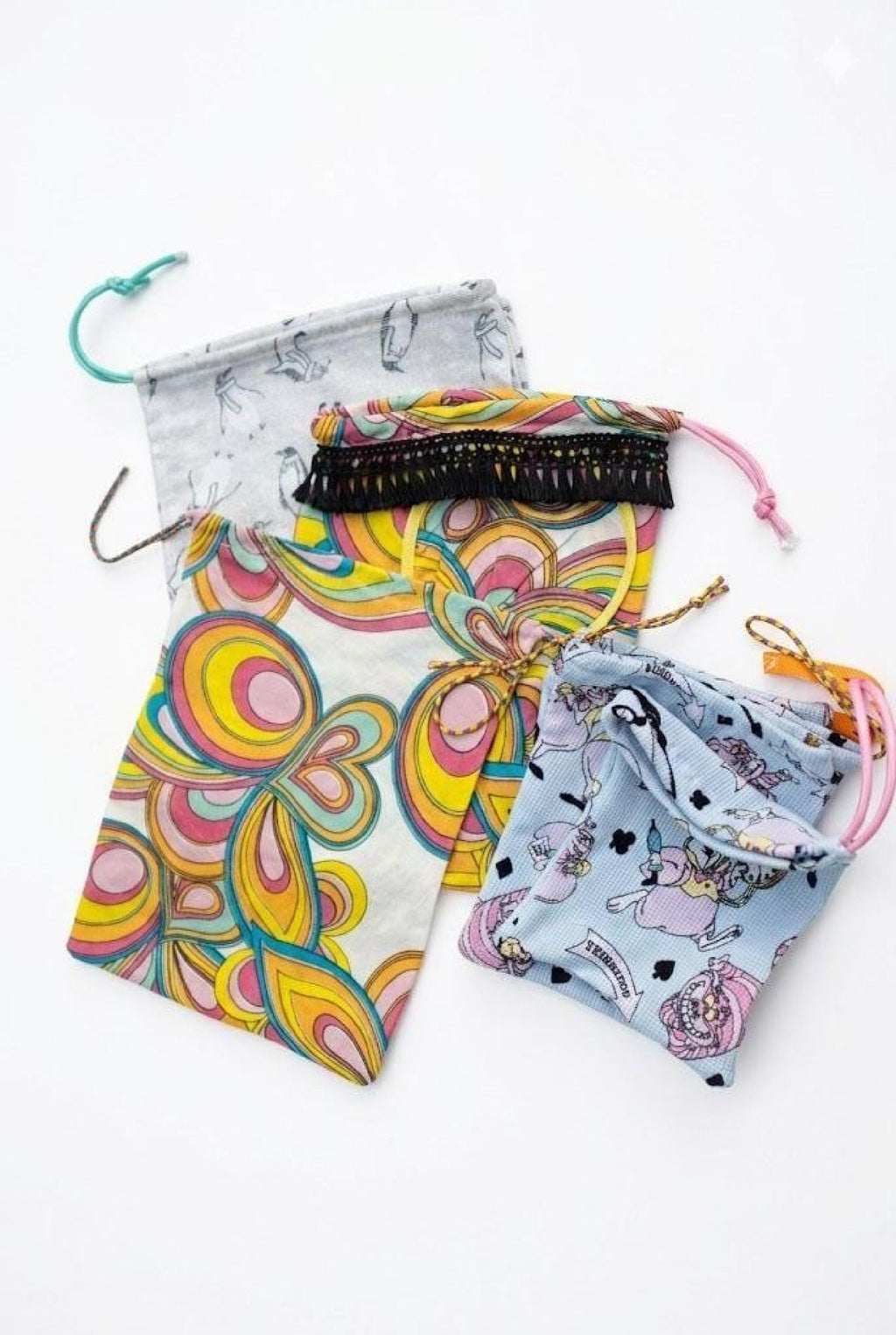 Mixed Print Pouches, Set of 5 Upcycled Fabric Drawstring Pouches, Zero Waste Gift Bags