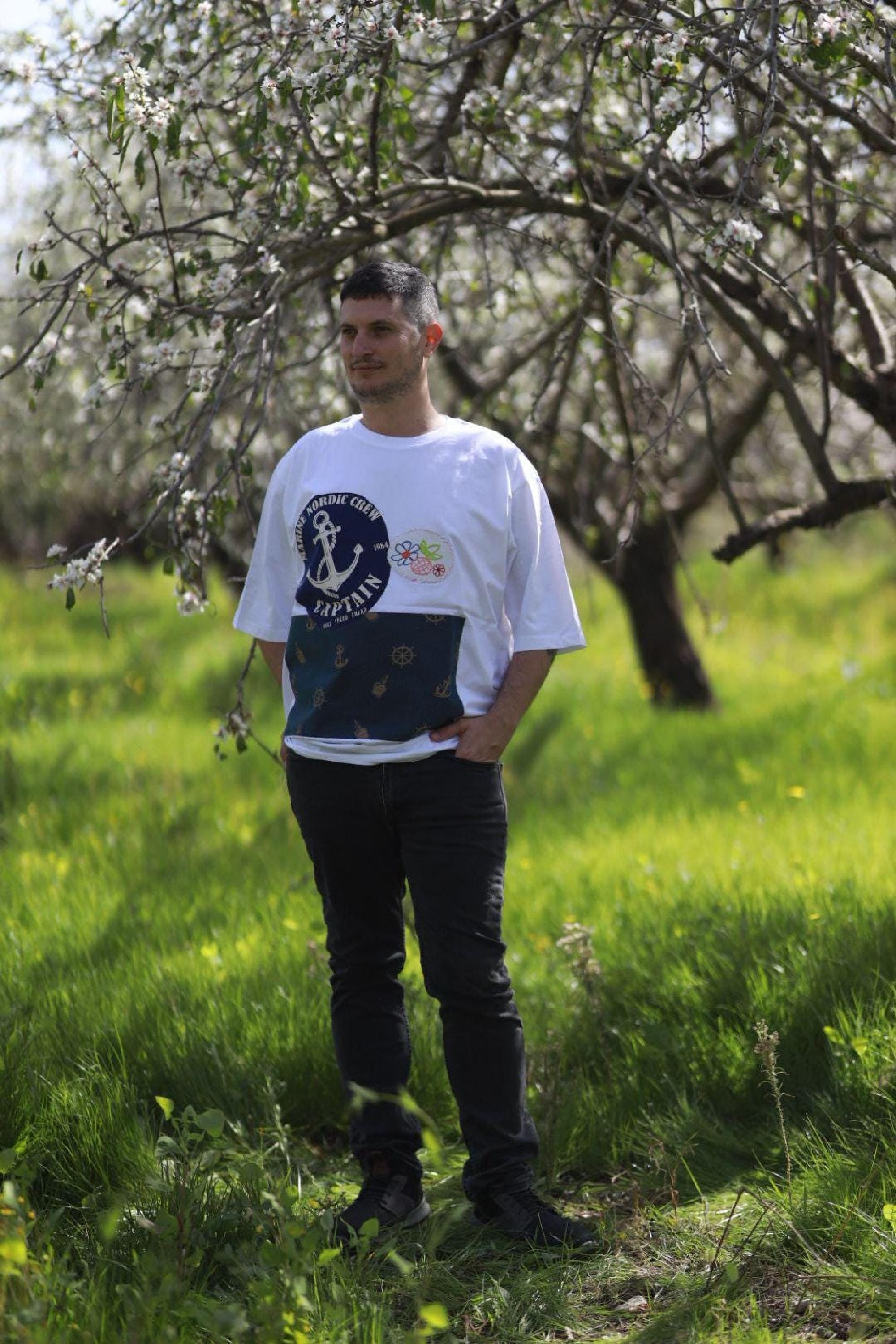 Vintage White Shirt with Upcycled Patchwork, Loose Fit Tee Unisex Eco Friendly Style