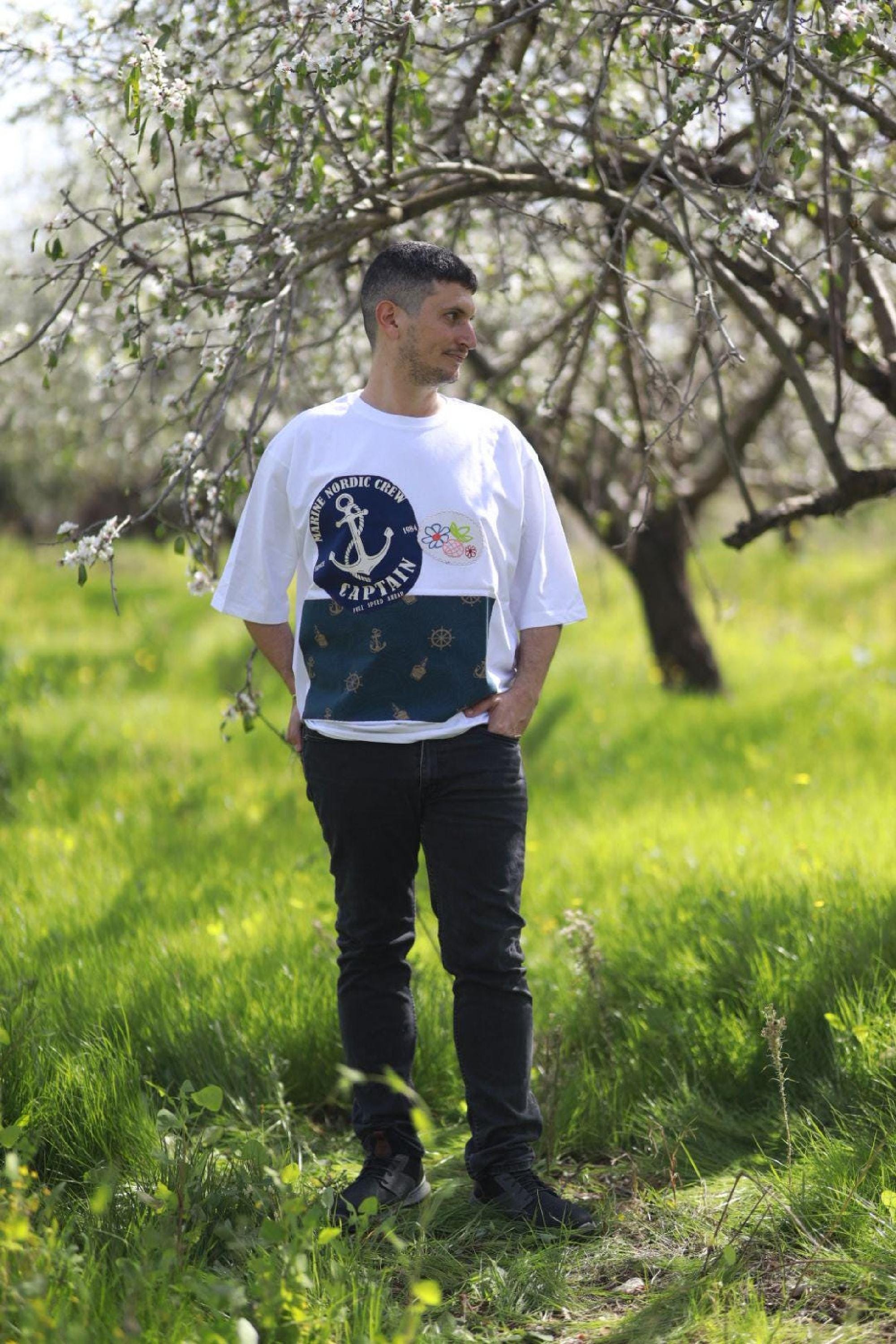 Vintage White Shirt with Upcycled Patchwork, Loose Fit Tee Unisex Eco Friendly Style