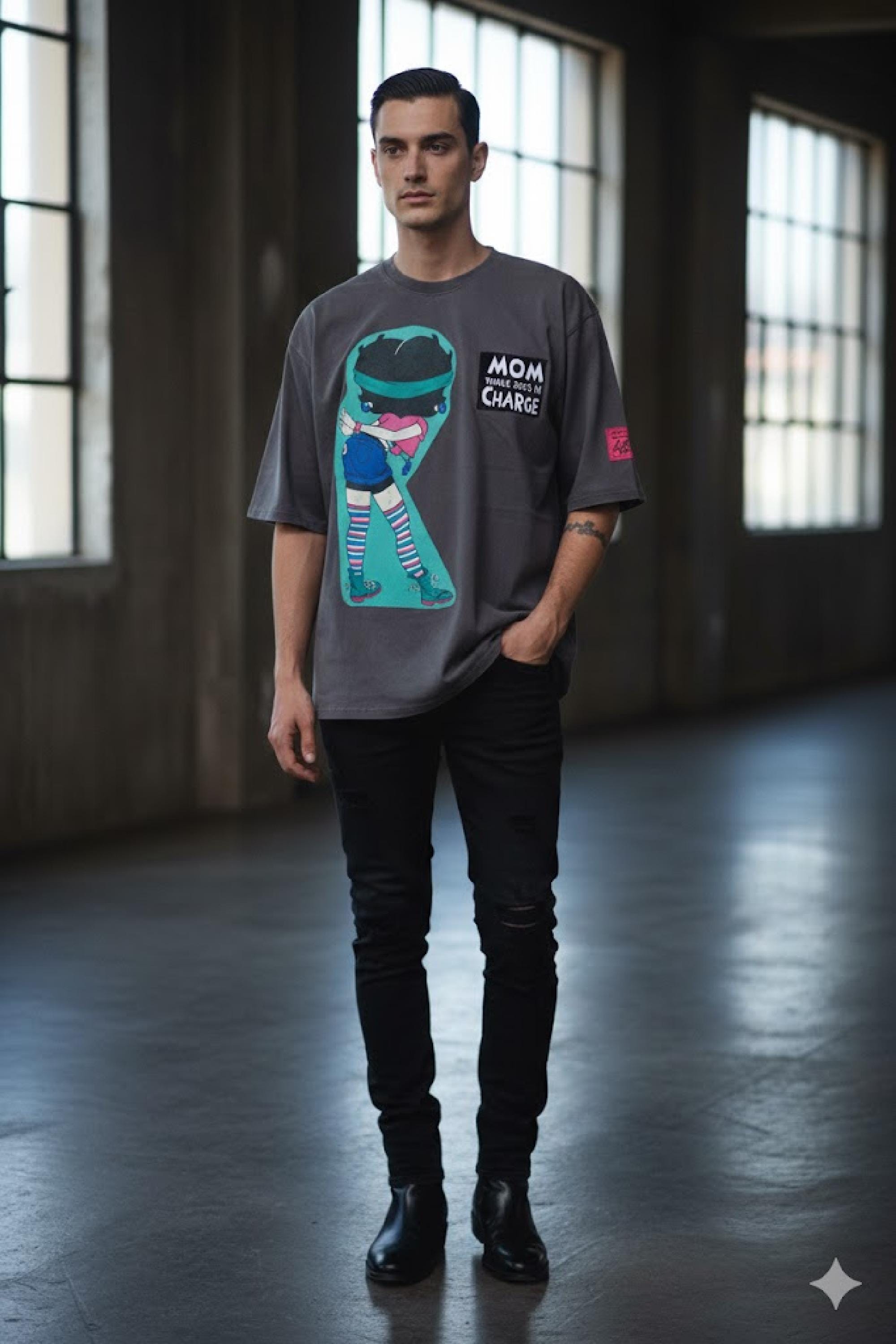 Upcycled vintage remake shirt, oversize unisex t-shirt, dark gray stone wash cotton, patchwork collage