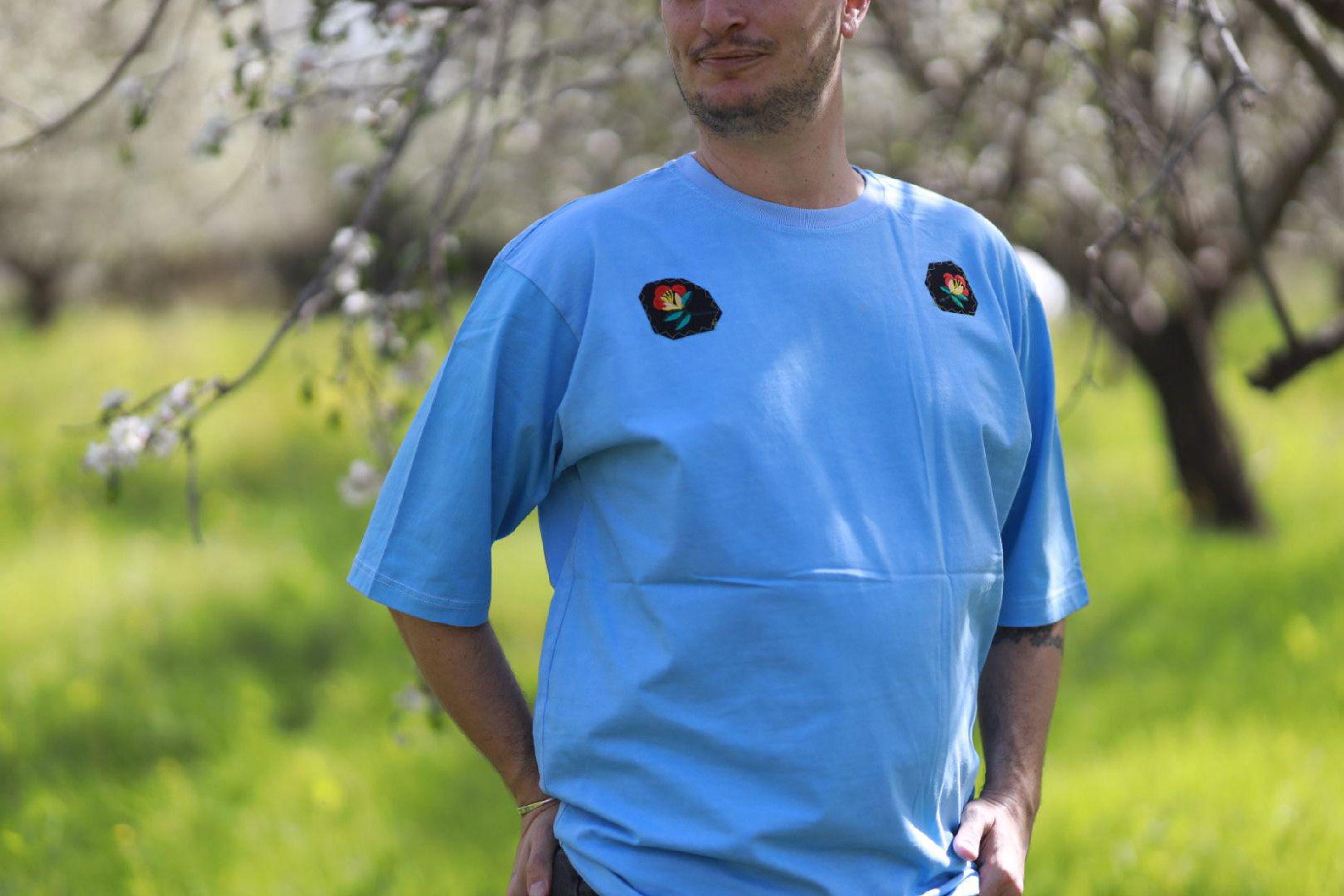 Slow fashion top Oversize Unisex Pastel Blue T-Shirt With Upcycled Vintage Patches