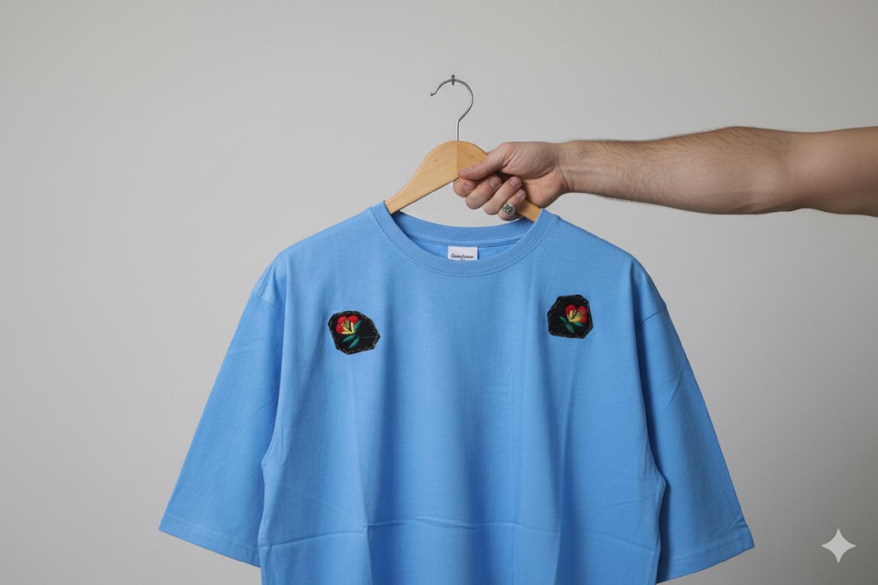 Slow fashion top Oversize Unisex Pastel Blue T-Shirt With Upcycled Vintage Patches