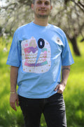 Handmade Art Shirt Cotton T-Shirt, Recycled Patchwork, Sky Mist Blue, Unisex Fit