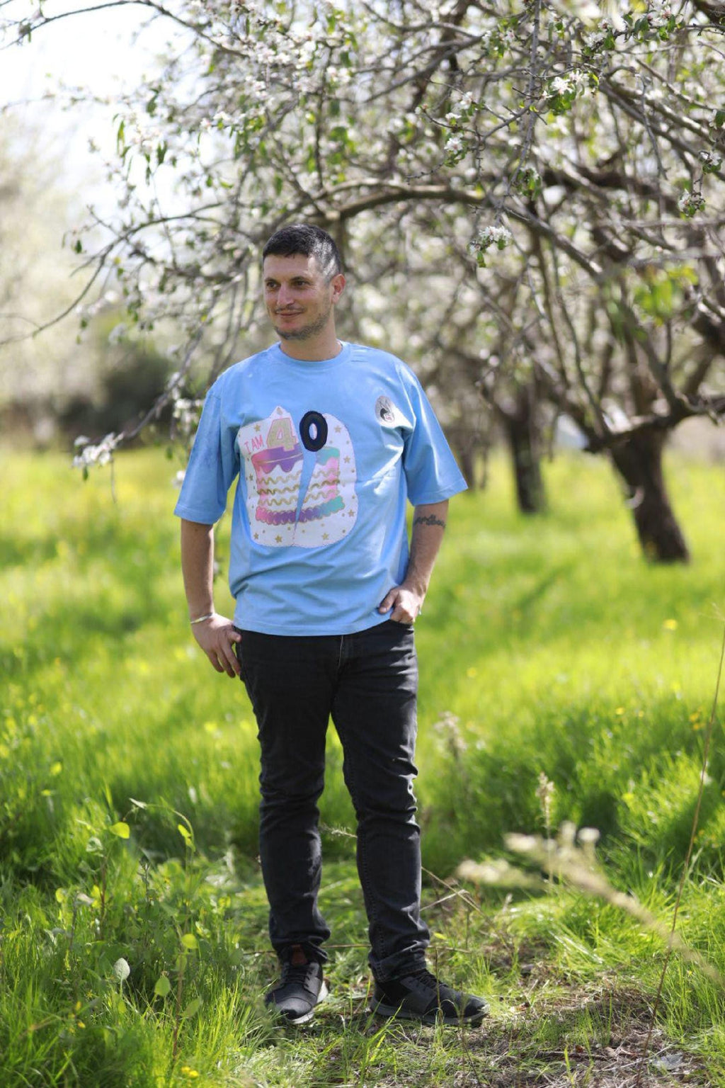 Handmade Art Shirt Cotton T-Shirt, Recycled Patchwork, Sky Mist Blue, Unisex Fit