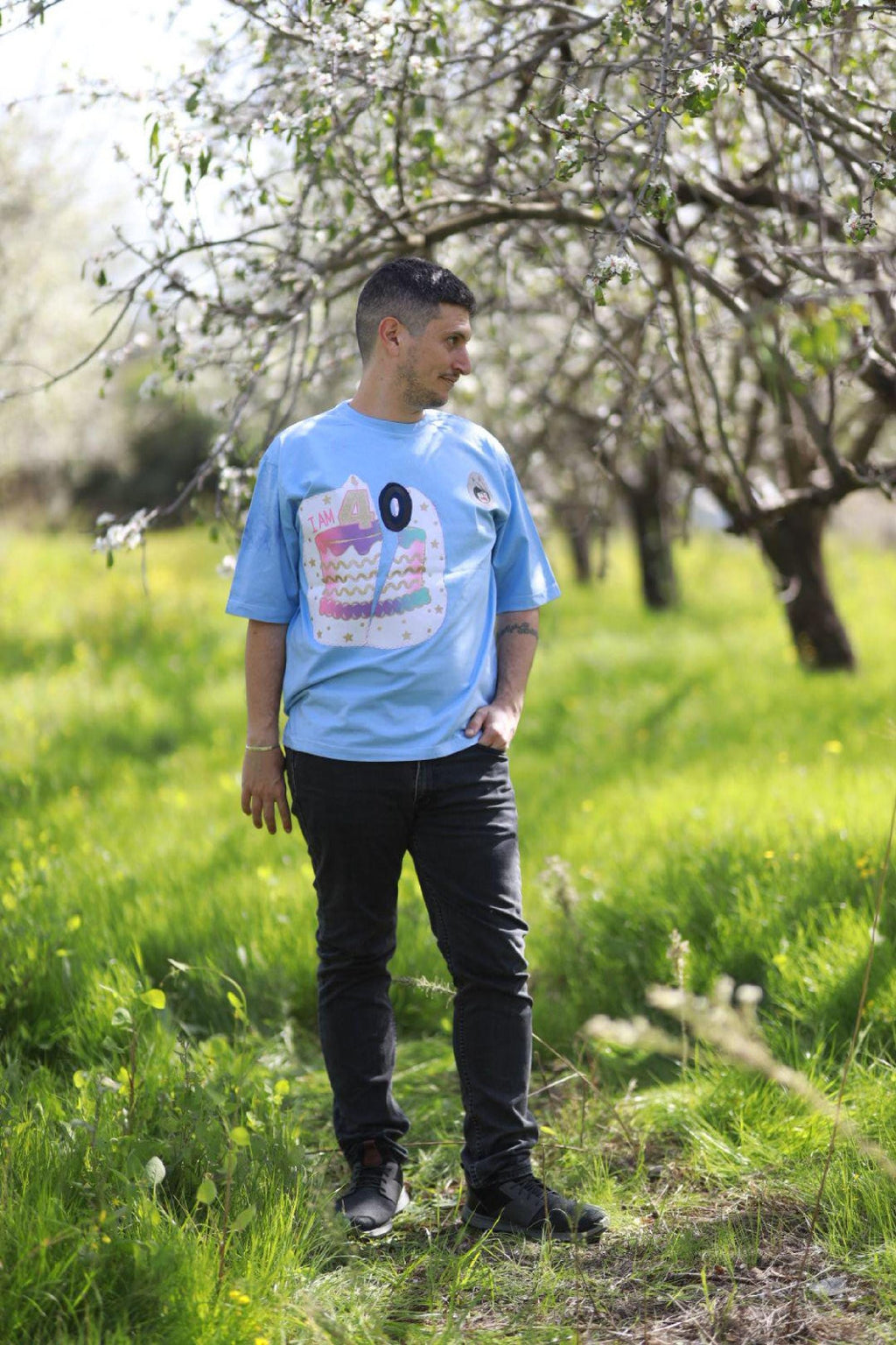 Handmade Art Shirt Cotton T-Shirt, Recycled Patchwork, Sky Mist Blue, Unisex Fit