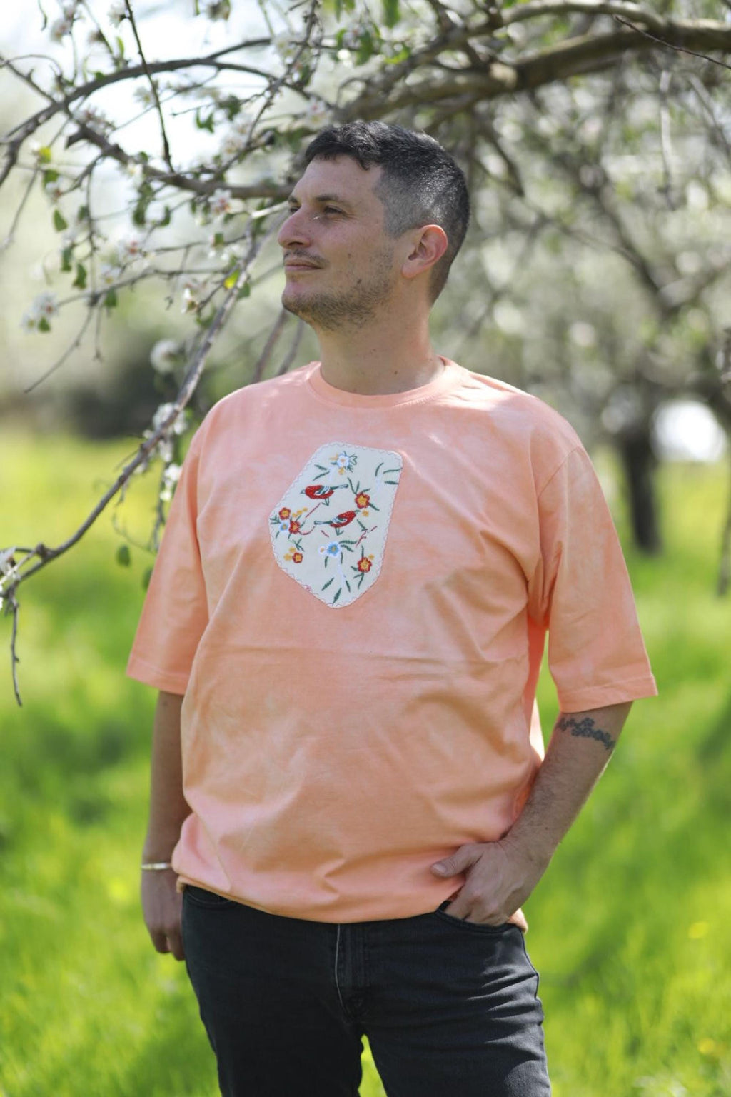 Hand dyed tshirt Oversized Unisex Tee, Hand-Dyed Cotton, Upcycled Vintage Patches, Wearable Art