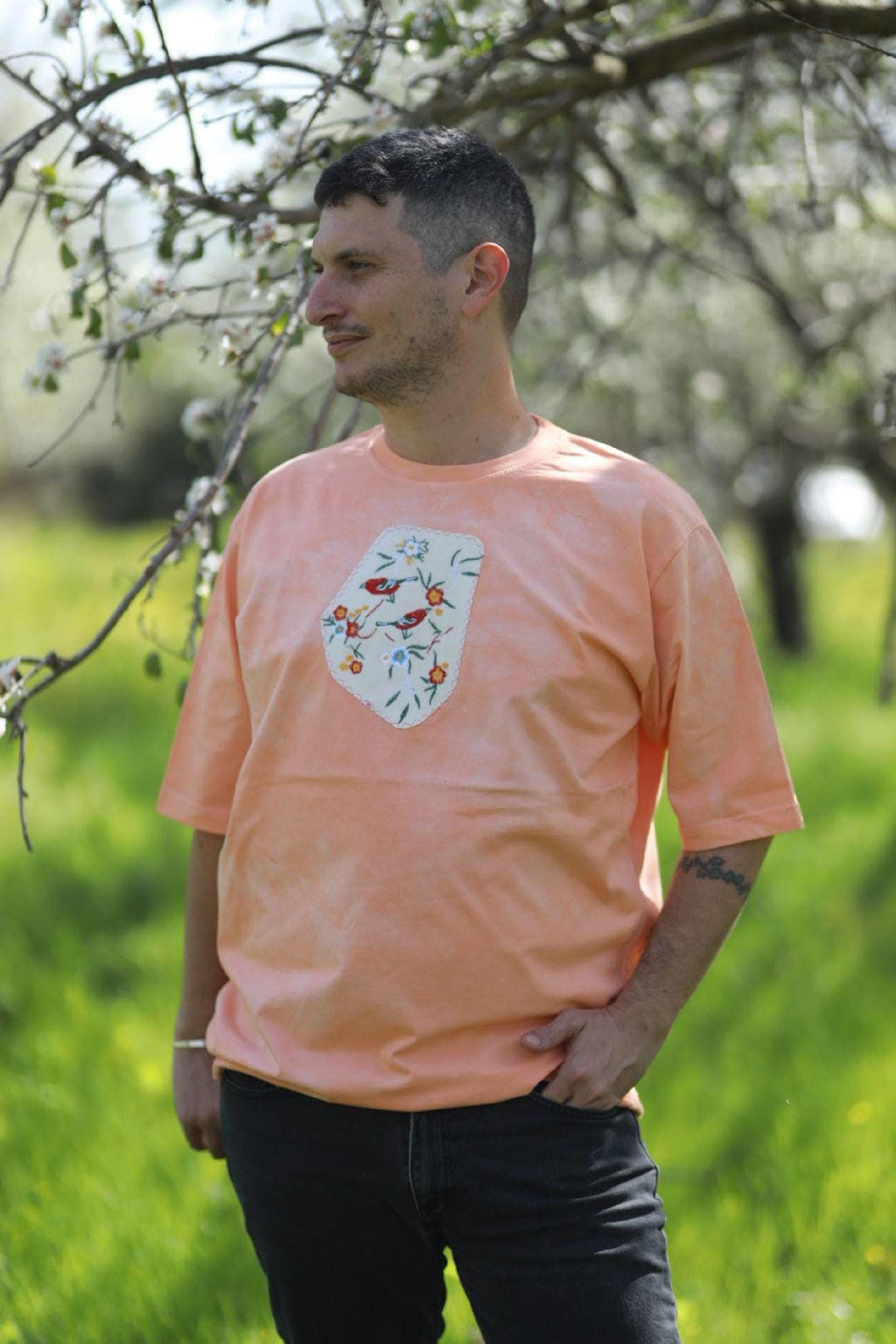 Hand dyed tshirt Oversized Unisex Tee, Hand-Dyed Cotton, Upcycled Vintage Patches, Wearable Art