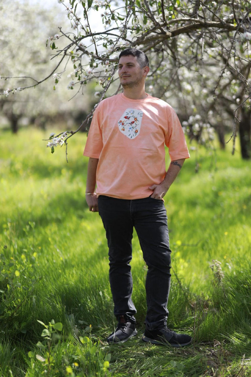 Hand dyed tshirt Oversized Unisex Tee, Hand-Dyed Cotton, Upcycled Vintage Patches, Wearable Art
