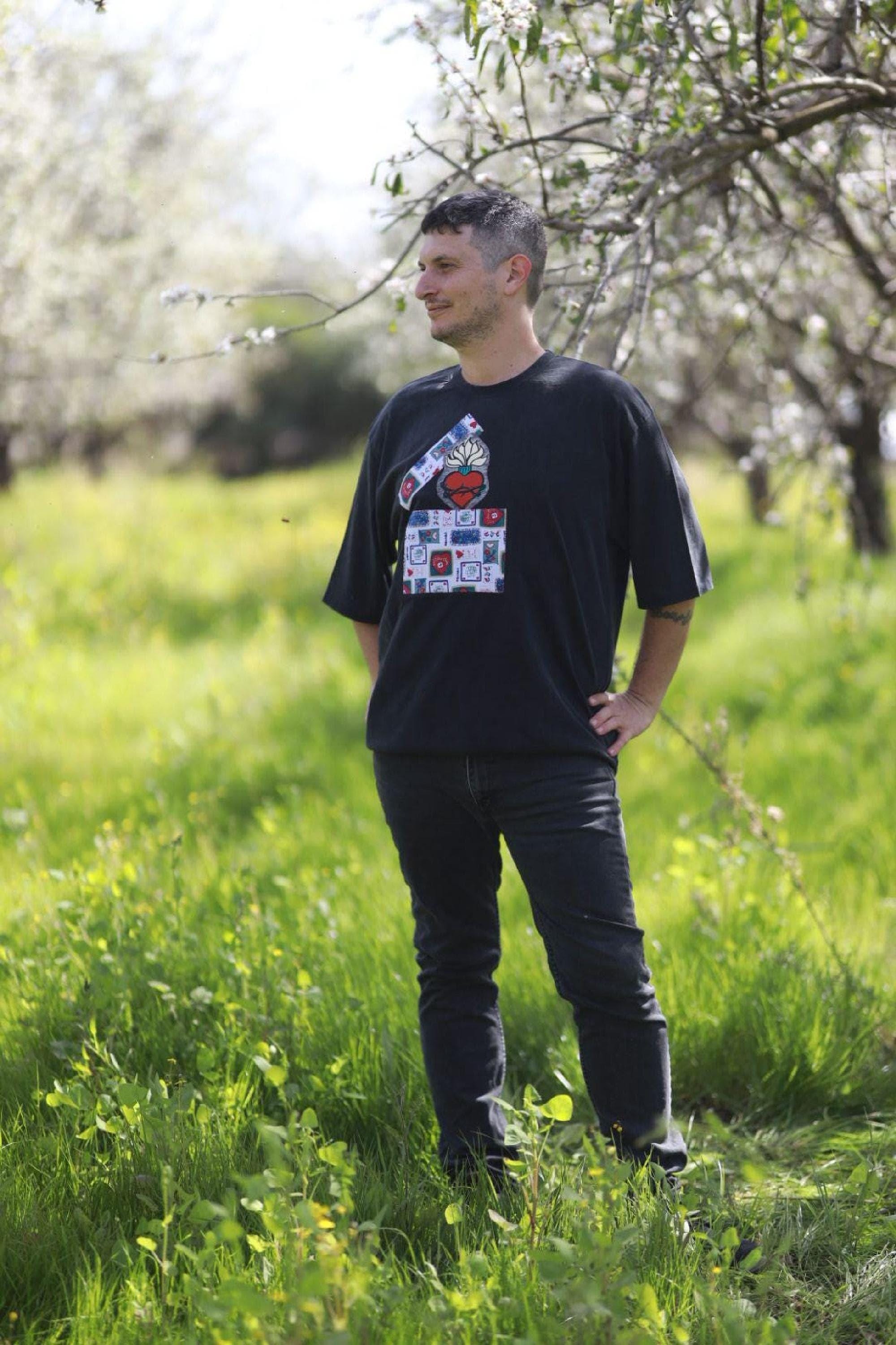 Upcycled Black graphic tee, Stone-Wash T-Shirt, Vintage Patch Collage, Oversized Unisex Artwear