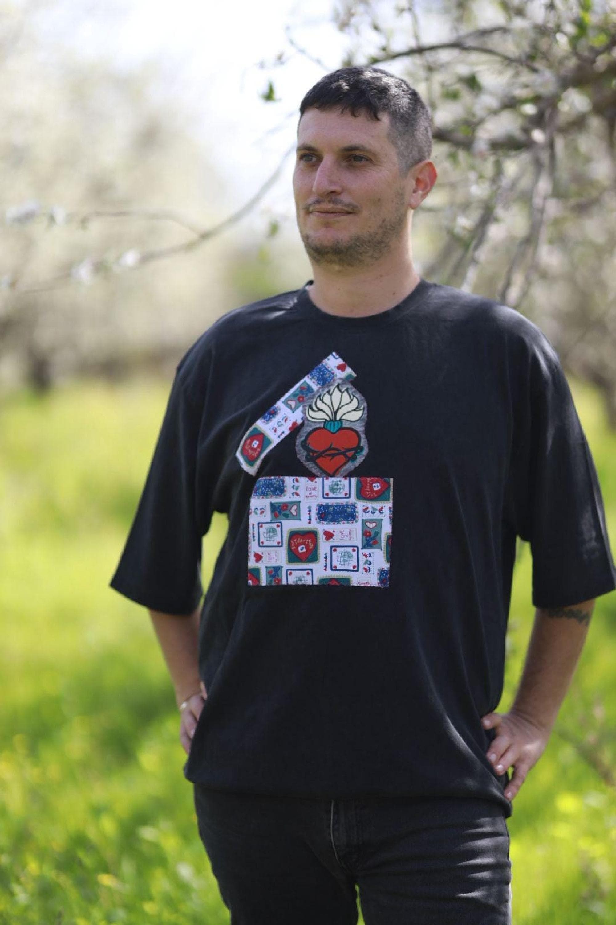 Upcycled Black graphic tee, Stone-Wash T-Shirt, Vintage Patch Collage, Oversized Unisex Artwear