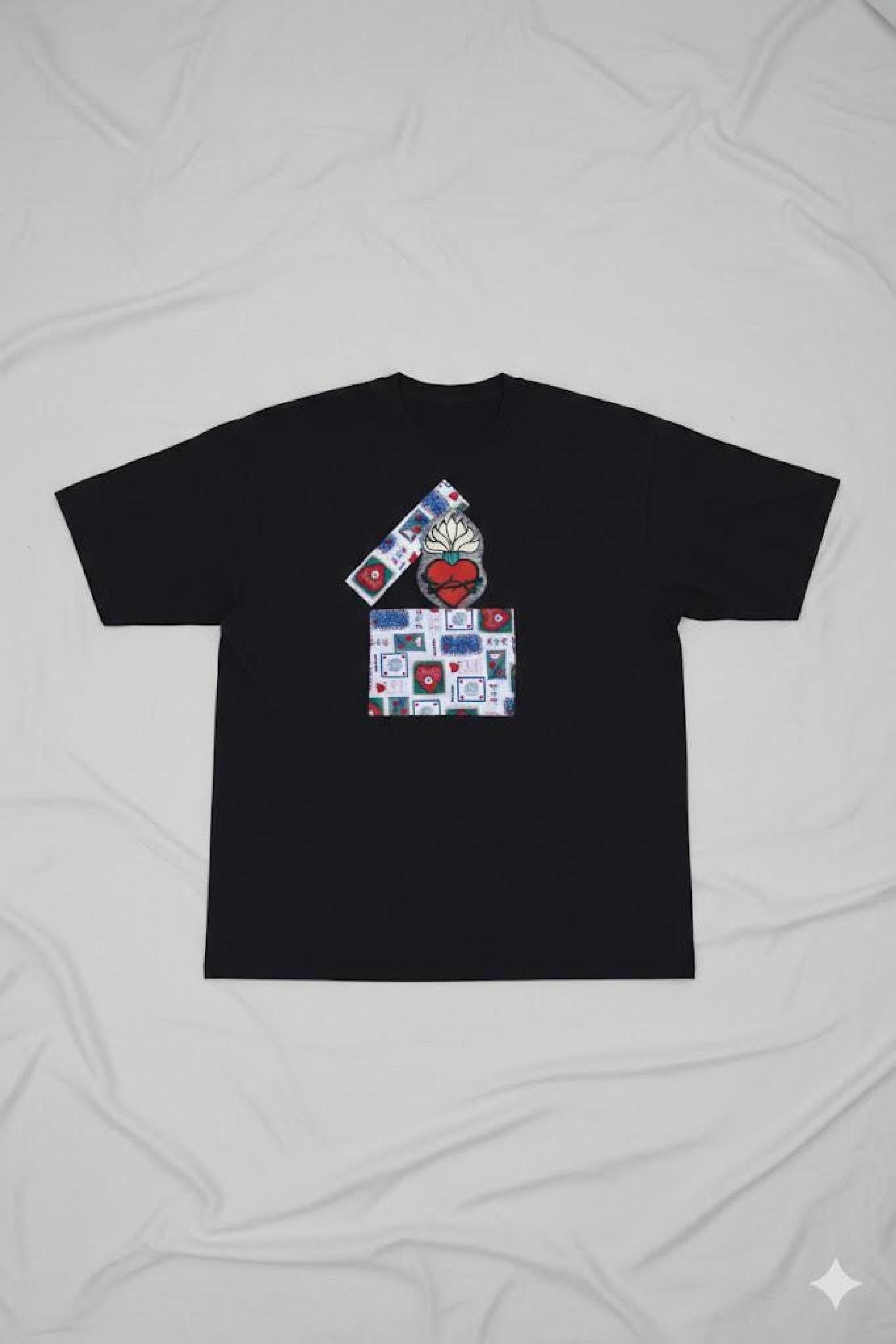 Upcycled Black graphic tee, Stone-Wash T-Shirt, Vintage Patch Collage, Oversized Unisex Artwear