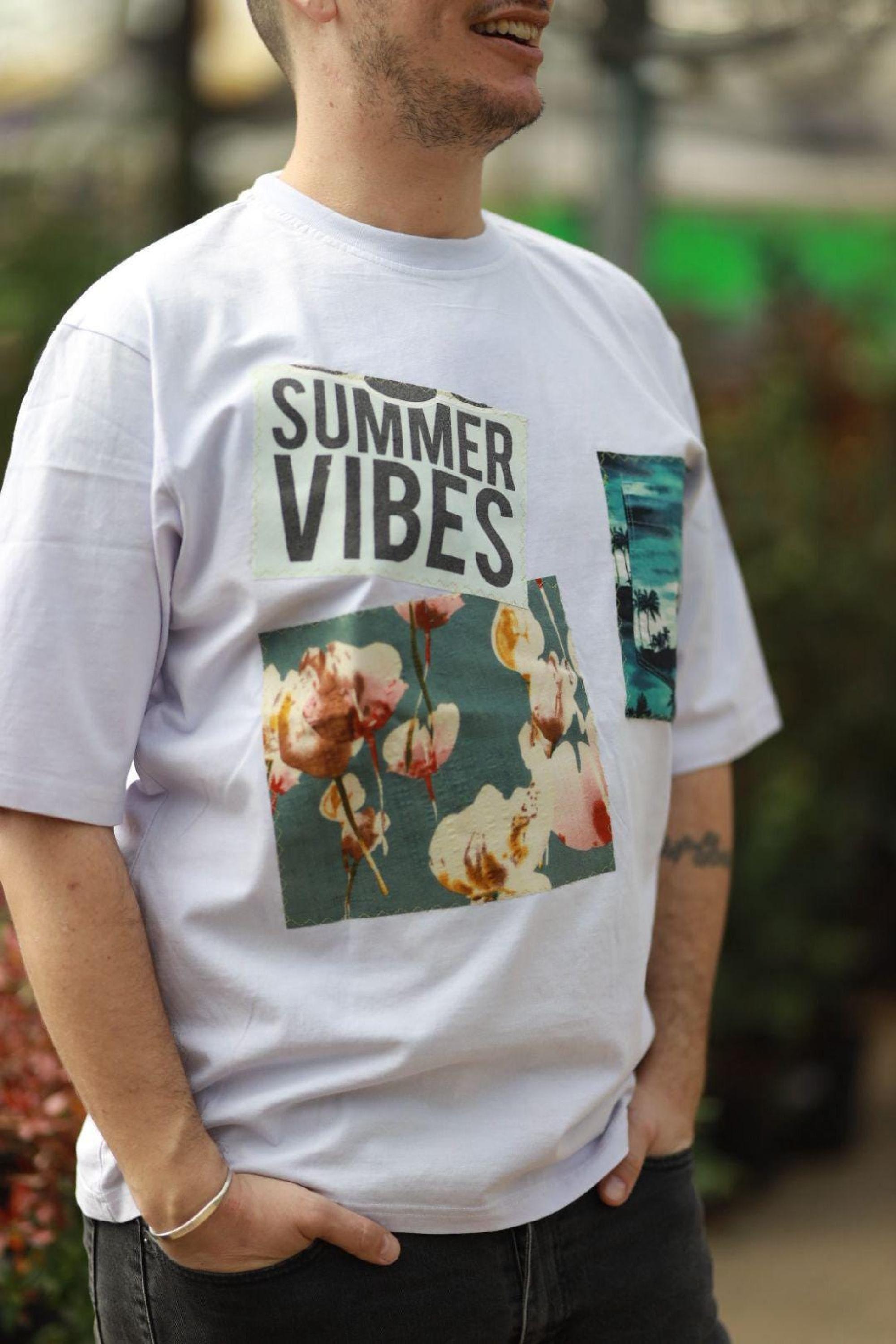 Oversized Lavender Cotton T-Shirt, Upcycled Patchwork Collage, Sustainable Unisex Wearable Art