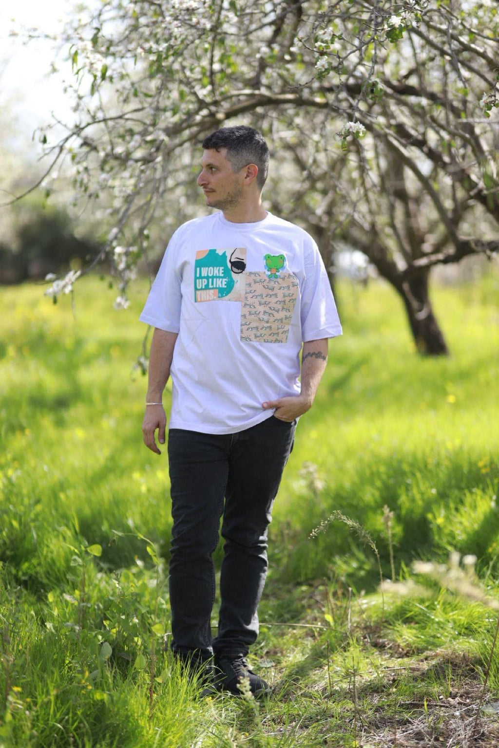 One of a kind tee, Oversized Unisex Shirt, Hand-Dyed Lilac, Upcycled Patch Details, Wearable Art