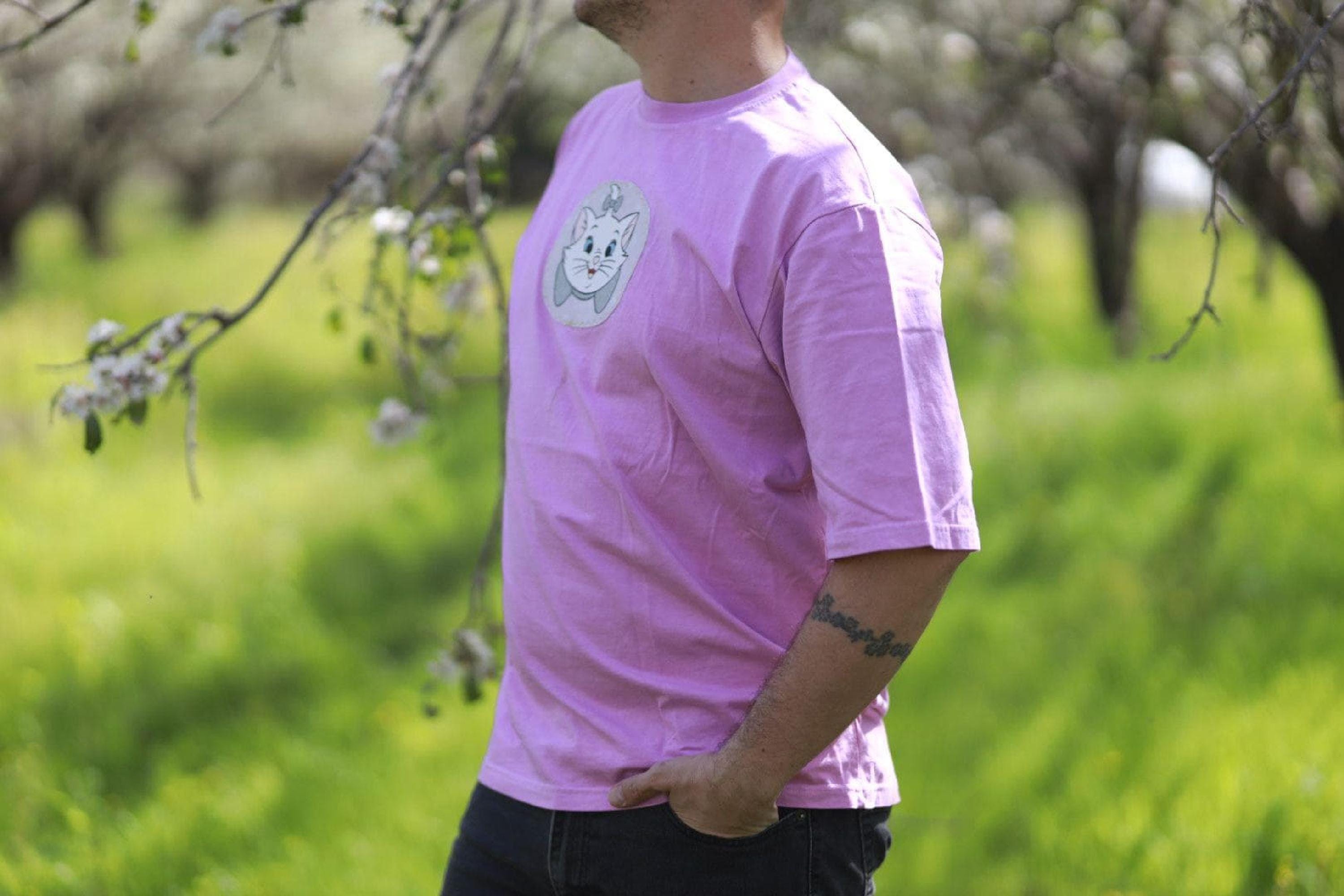 Oversized cat tee, Hand-Dyed Pink Cat Graphic T-Shirt, Upcycled Vintage Patches, Unisex Cotton