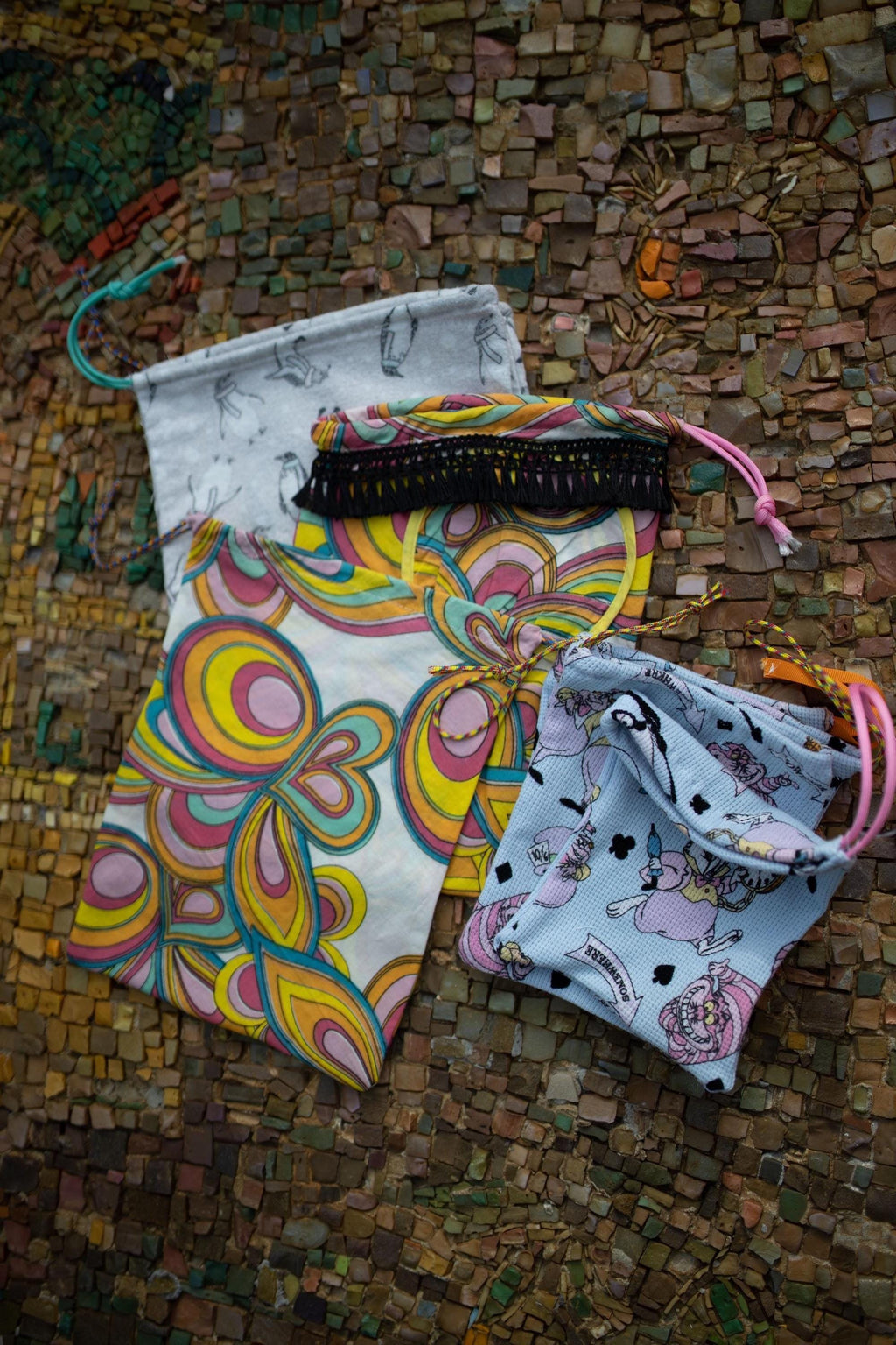 Mixed Print Pouches, Set of 5 Upcycled Fabric Drawstring Pouches, Zero Waste Gift Bags