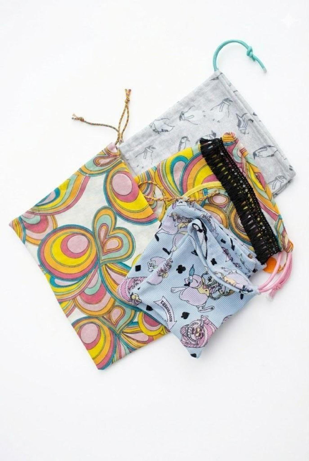 Mixed Print Pouches, Set of 5 Upcycled Fabric Drawstring Pouches, Zero Waste Gift Bags